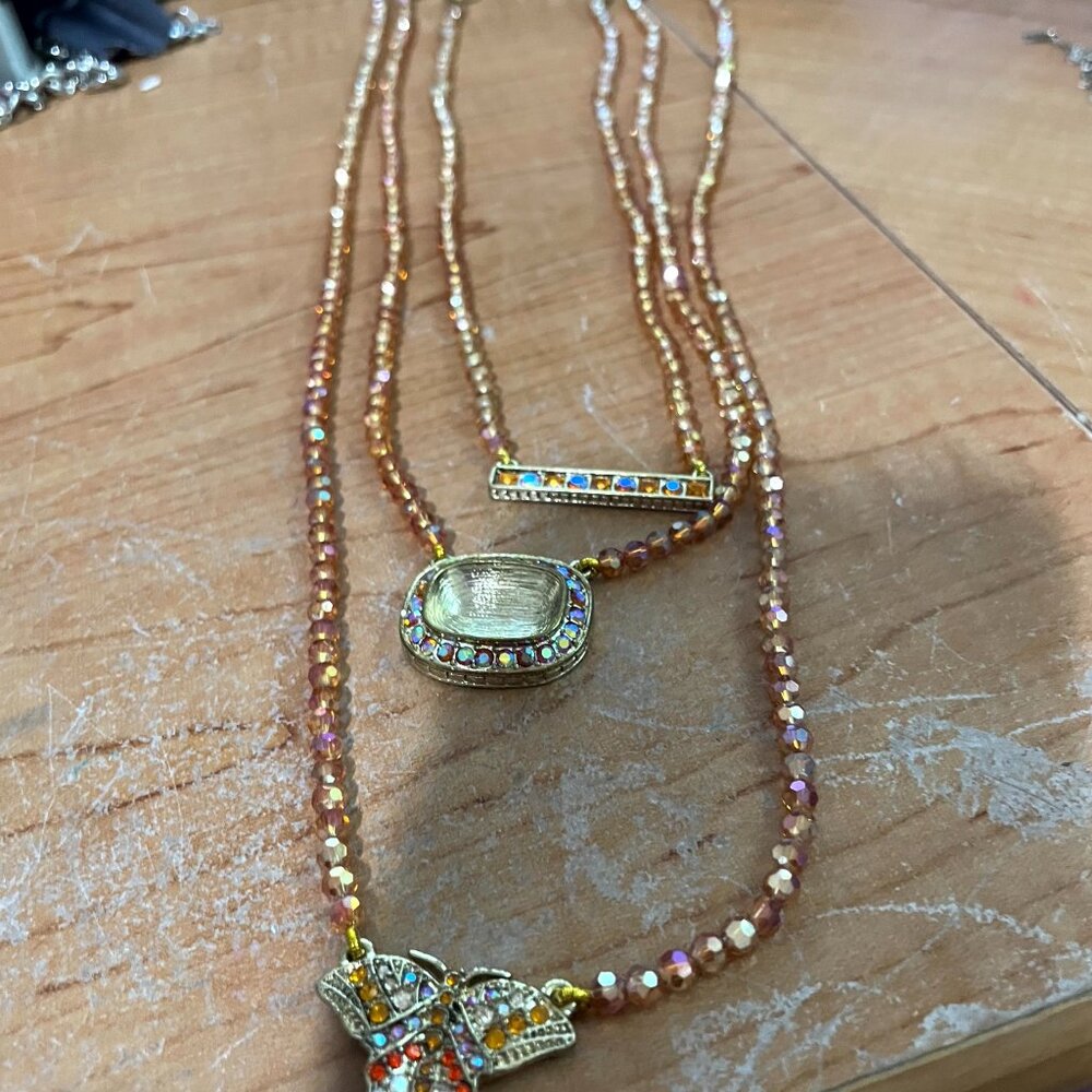 HEIDI DAUS BUTTERLY NECKLACE YELLOW & ORANGE CRYSTALS & PINKISH ORANGE BEADS